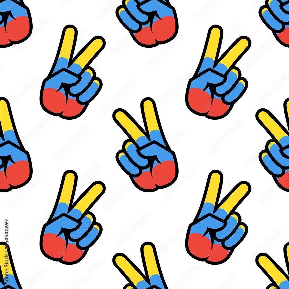 Colombia flag in the form of a peace sign. Seamless background. Gesture V victory sign, patriotic sign, icon for apps, websites, T-shirts, souvenirs, etc., isolated on white background Colombia flag in the form of a peace sign. Seamless background. Gesture V victory sign, patriotic sign, icon for apps, websites, T-shirts, souvenirs, etc., isolated on white background