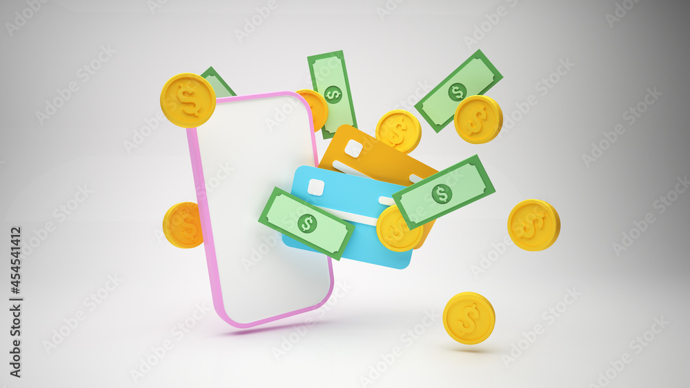 Contactless payment wireless pay by credit card on smartphone, 3d rendering Contactless payment wireless pay by credit card on smartphone, 3d rendering