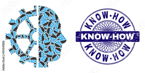 Recursive mosaic cyborg gear and Know-How round textured stamp. Blue stamp seal includes Know-How text inside circle and guilloche style.