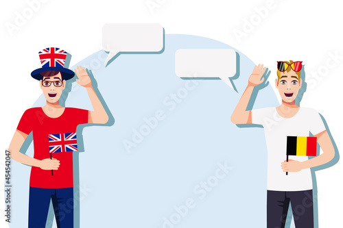 The concept of international communication, sports, education, business between the United Kingdom and Belgium. Men with British and Belgian flags. Vector illustration.