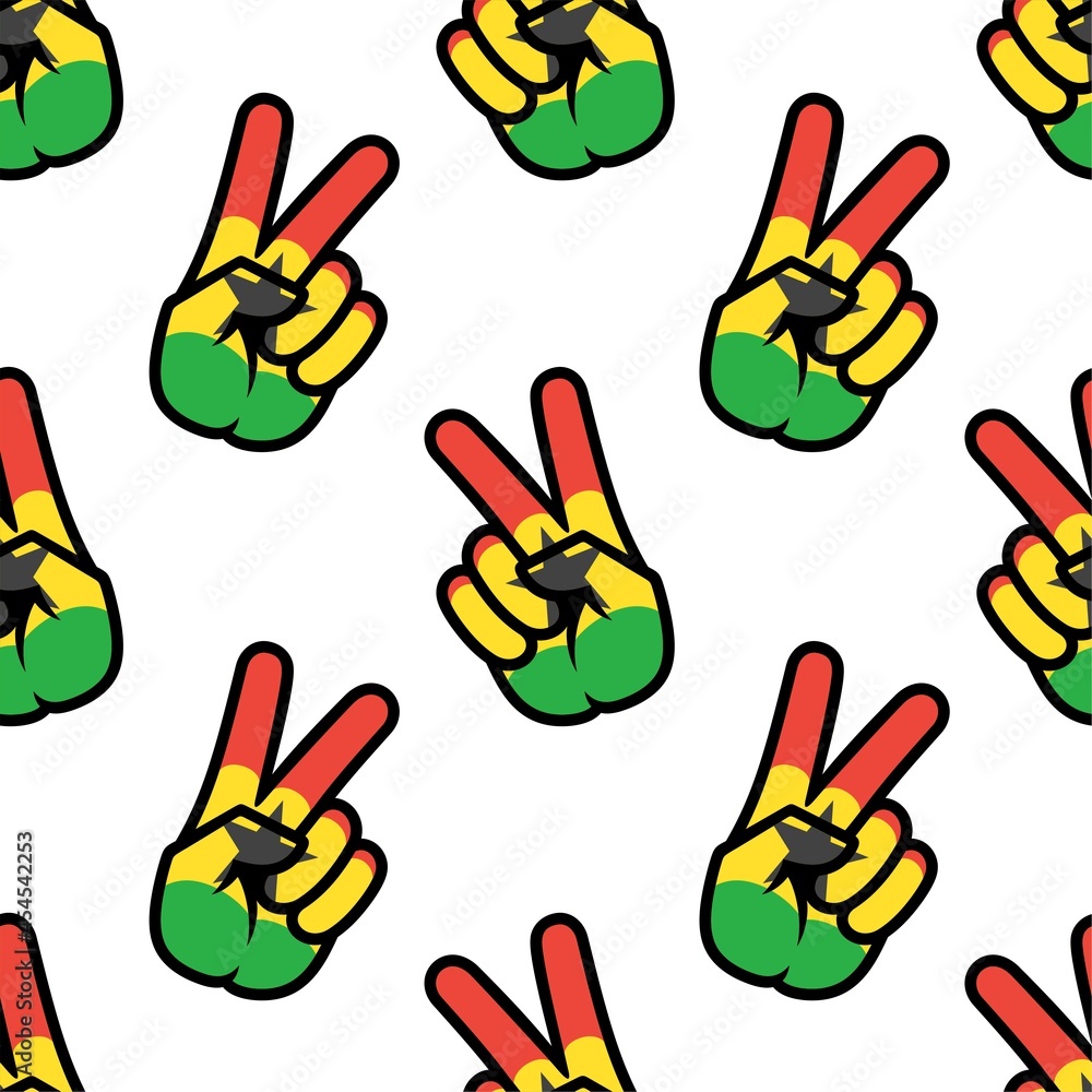 Ghana flag in the form of a peace sign. Seamless background. Gesture V victory sign, patriotic sign, icon for apps, websites, T-shirts, souvenirs, etc., isolated on white background Ghana flag in the form of a peace sign. Seamless background. Gesture V victory sign, patriotic sign, icon for apps, websites, T-shirts, souvenirs, etc., isolated on white background