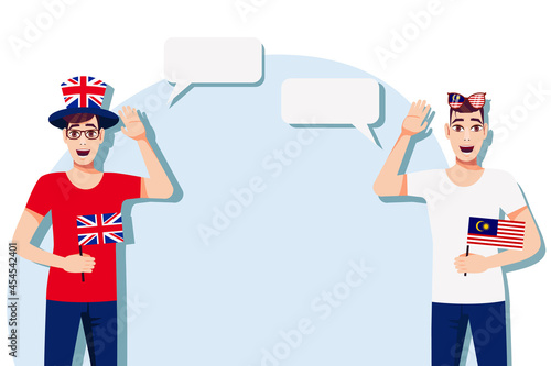 The concept of international communication, sports, education, business between the United Kingdom and Malaysia. Men with British and Malaysian flags. Vector illustration.