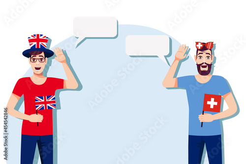Men with British and Swiss flags. Background for text. Communication between native speakers of the United Kingdom and Switzerland. Vector illustration. 