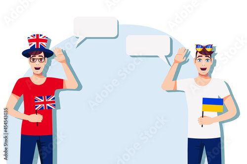 The concept of international communication, sports, education, business between the United Kingdom and Ukraine. Men with British and Ukrainian flags. Vector illustration.