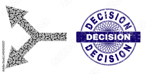 Recursive collage bifurcation arrow left and Decision round rubber stamp. Blue stamp includes Decision caption inside circle and guilloche technique.