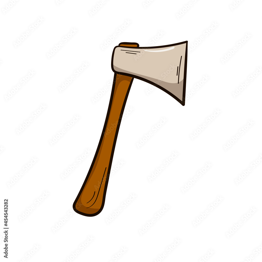 Wooden ax. Isolated on a white background. Hand drawn style. Weapon. Element for woodworking or lumberjack emblem or badge. Metal ax with a wood handle. Vector illustration Wooden ax. Isolated on a white background. Hand drawn style. Weapon. Element for woodworking or lumberjack emblem or badge. Metal ax with a wood handle. Vector illustration