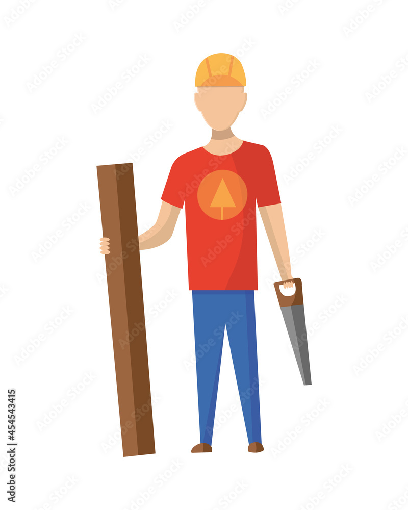 Builder. Carpenter. Construction worker with professional equipment during building activity. illustration. Professional construction worker character Builder. Carpenter. Construction worker with professional equipment during building activity. illustration. Professional construction worker character
