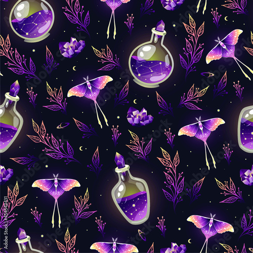 Purple seamless pattern with different magic objects. Repetitive background with moon moths, herbs,  constellations, liquid bottles and amethysts.