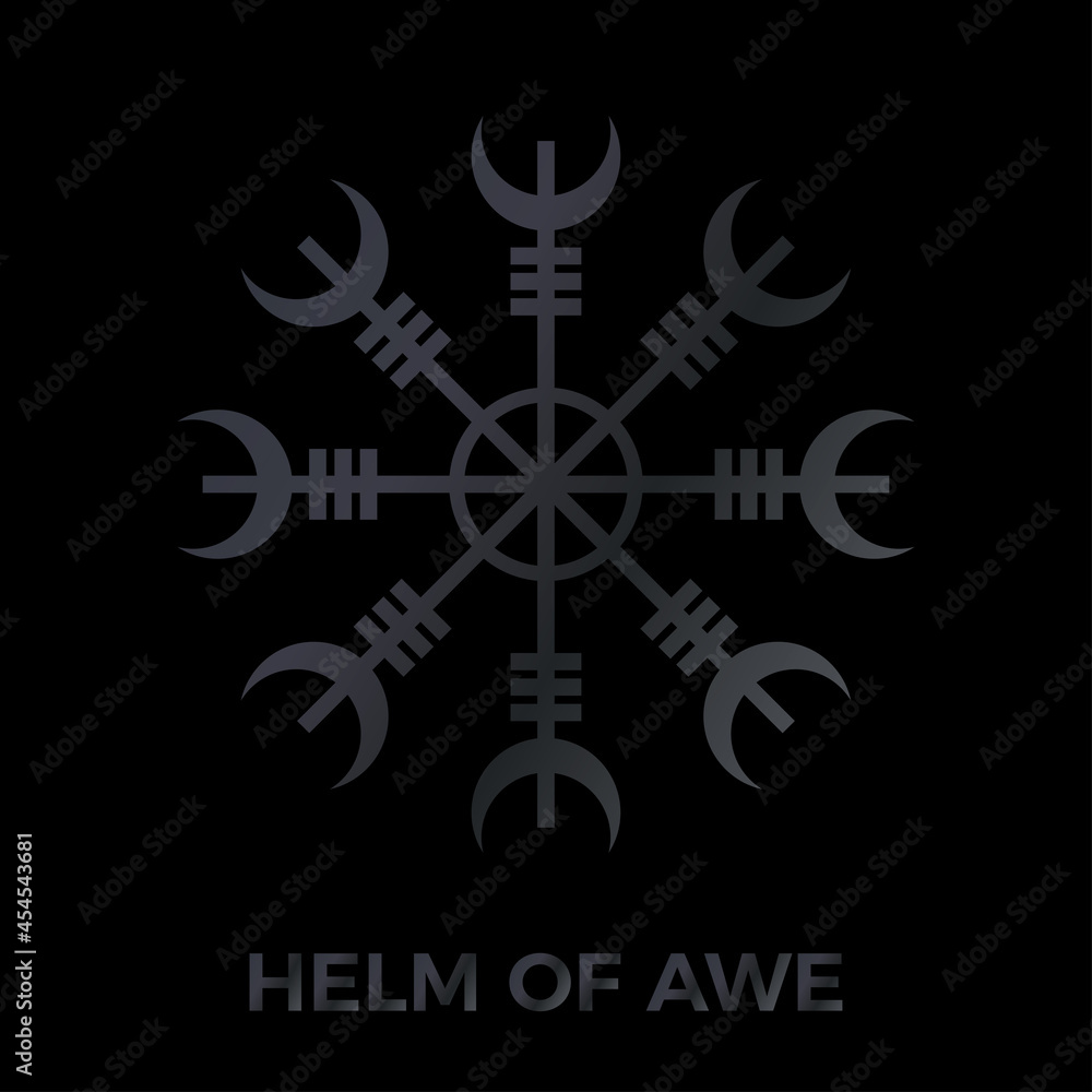 Helm of Awe or helm of terror sign. Aegishjalmur. Icelandic symbol of protection and victory. Pagan vector. Nordic tattoos. Isolated illustration on black background in dark grey gradient color