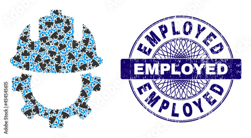 Fractal collage development helmet and Employed round rubber stamp imitation. Blue stamp includes Employed title inside circle and guilloche style.