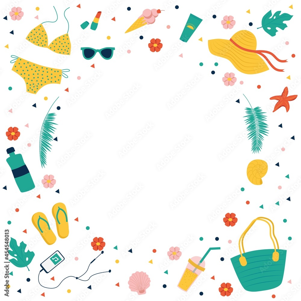 A circle-shaped frame made of summer things. A set of cute summer items. Swimsuit, flip-flops, cocktail. ice cream. Flat vector illustration