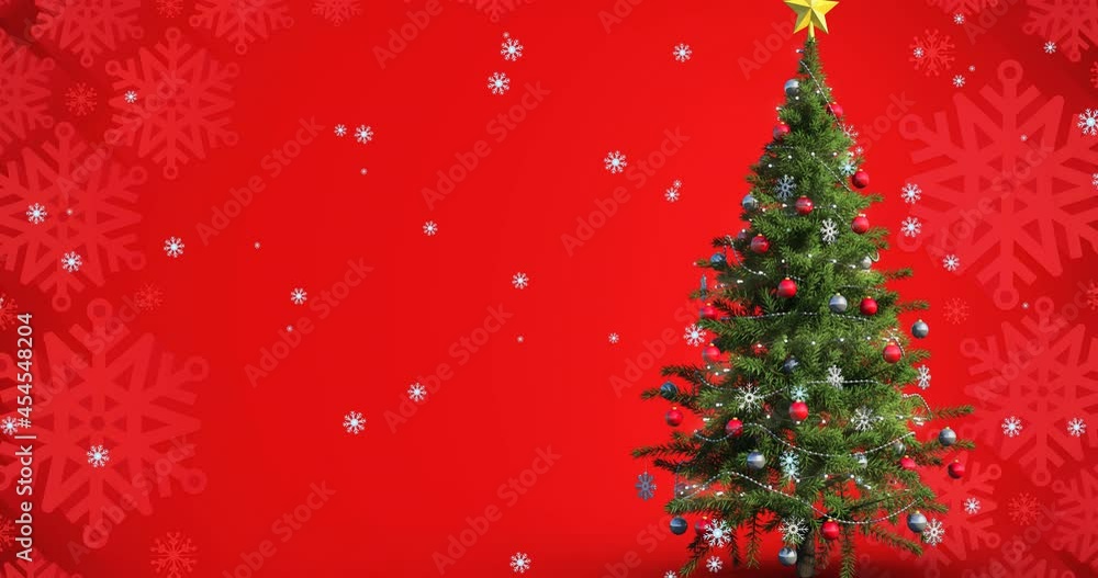 Animation of snow falling over christmas tree on red background Animation of snow falling over christmas tree on red background