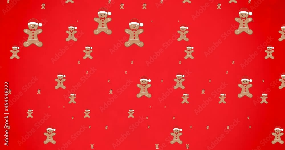 Animation of gingerbread men falling on red background Animation of gingerbread men falling on red background
