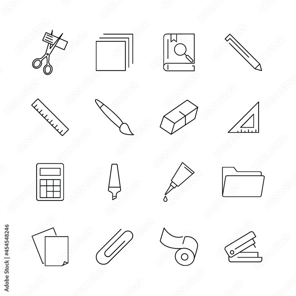 Stationery icons set. Stationery pack symbol vector elements for infographic web Stationery icons set. Stationery pack symbol vector elements for infographic web