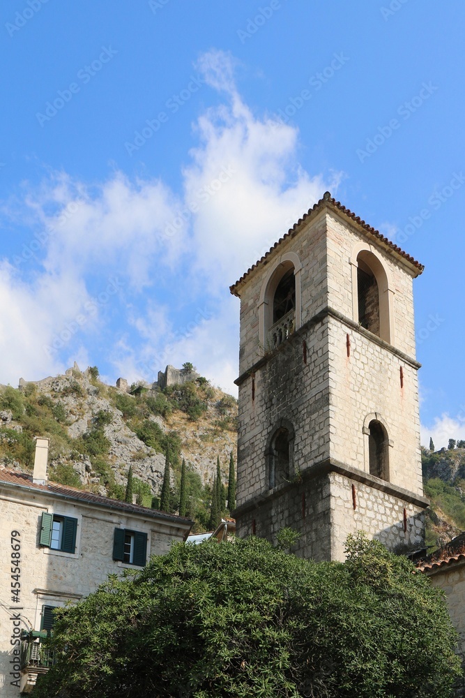 montenegro, kotor, church, tower, religion, cathedral, city, view, travel, mountain, town, europe, summer, building, architecture, hill, mountains, mediterranean