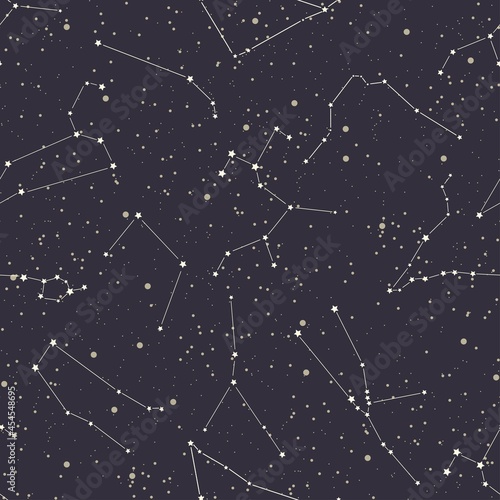 Seamless pattern with zodiac signs. Vector illustration. Starry sky.