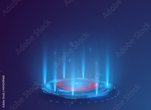 Fantastic Circle portals magic, holograms teleport gadgets. Light effect with blue beam and glowing particles. Isolated circles and luminous rays. projector, magic portal, circle teleport podium