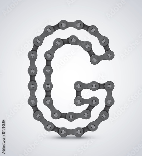 Vector letter G created from realistic bike chain. Alphabet symbol. Isolated on white background. 