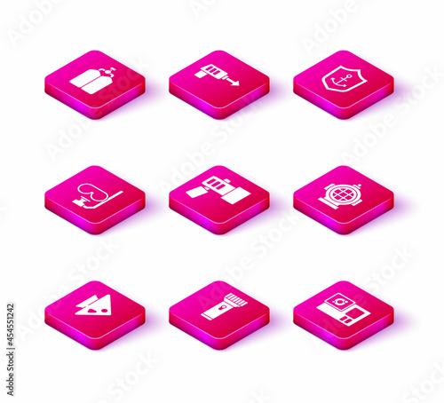 Set Fish, Flashlight, Diving mask and snorkel, Action camera, Aqualung, Anchor inside shield and Fishing harpoon icon. Vector