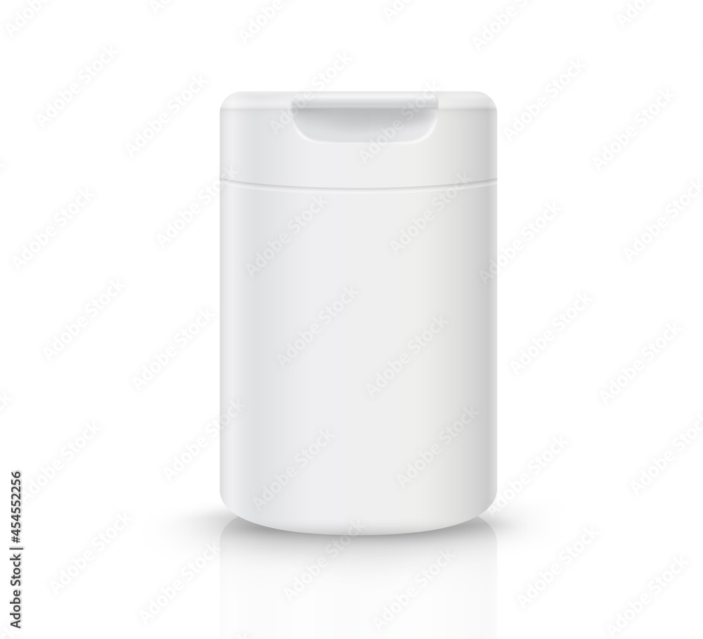 White plastic bottle with flip top cap. Isolated on a white background with reflections and objects. White plastic bottle with flip top cap. Isolated on a white background with reflections and objects.