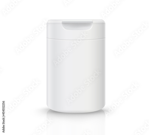 White plastic bottle with flip top cap. Isolated on a white background with reflections and objects.