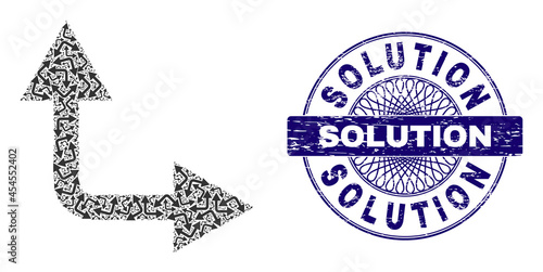 Fractal composition bifurcation arrow right up and Solution round corroded stamp seal. Blue stamp seal includes Solution text inside circle and guilloche technique.