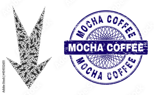 Fractal collage arrow down and Mocha Coffee round dirty stamp. Violet stamp seal includes Mocha Coffee caption inside circle and guilloche style.