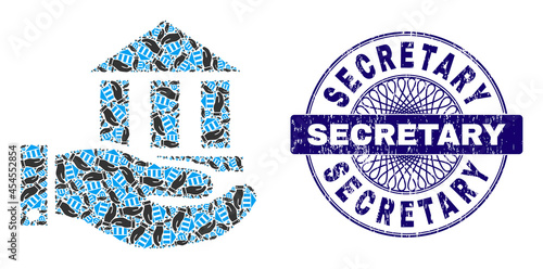 Recursive mosaic bank service and Secretary round dirty stamp seal. Violet stamp seal includes Secretary text inside circle and guilloche technique.