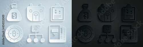 Set Blockchain technology Bitcoin, Business finance report, Office folders, Bear market and Money bag icon. Vector