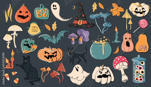 Halloween celebratory element isolated on dark background. Vintage style illustration set. Great for Halloween party props, greeting card, logo, stickers.