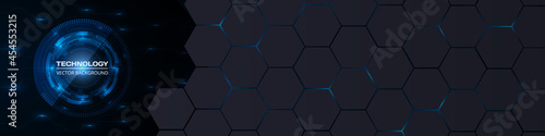 Abstract technology innovation concept background with circuit board HUD interface and hexagon grid. Blue bright energy flashes under hexagon in technology futuristic wide horizontal vector banner.