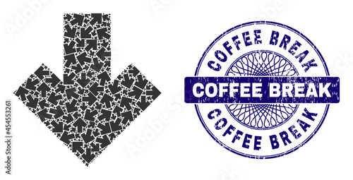 Recursive collage arrow down and Coffee Break round textured stamp seal. Violet seal includes Coffee Break caption inside circle and guilloche technique.