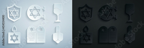 Set Tombstone with star of david, Jewish goblet, Burning candle, Hanukkah dreidel, synagogue and Shield Star David icon. Vector