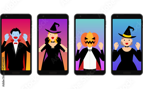 スマホでオンラインハロウィンパーティ、ドラキュラと魔女とジャックオランタン
