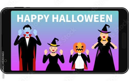 スマホでオンラインハロウィンパーティ、ドラキュラと魔女とジャックオランタン
