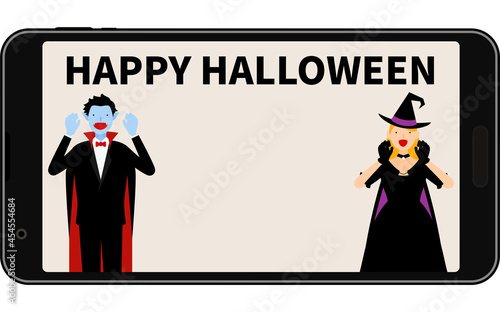 スマホでオンラインハロウィンパーティ、ドラキュラと魔女