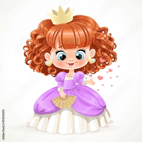 Cute baby princess with red curly hair in purple dress isolated on a white background