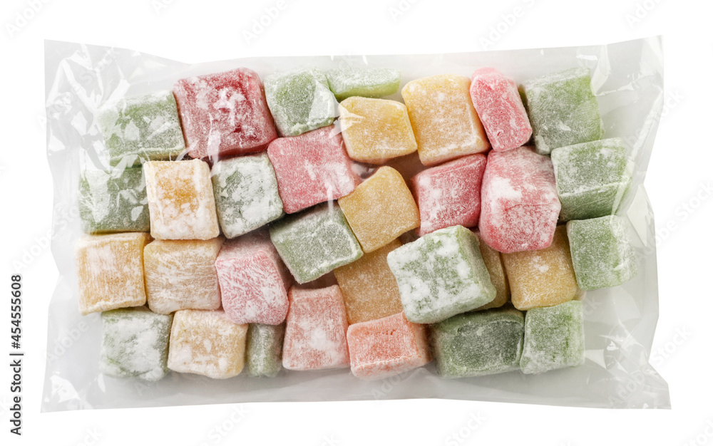 Turkish delight in packaging close-up on a white background. Isolated