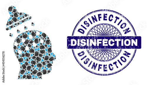 Fractal combination brain washing and Disinfection round textured stamp. Blue stamp seal includes Disinfection tag inside circle and guilloche pattern.