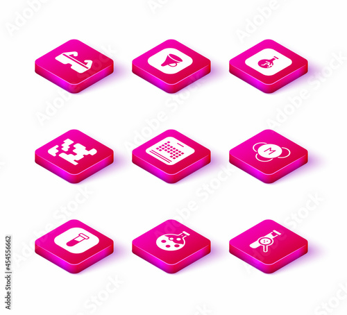 Set Test tube and flask, Gaseous, Periodic table, Molecule, Cracked and Funnel or filter icon. Vector