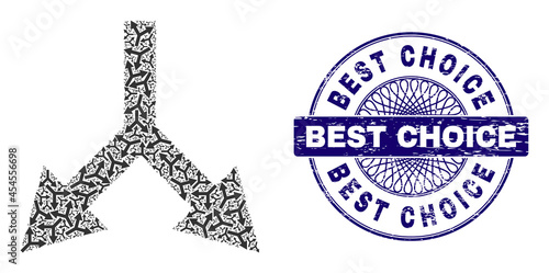 Recursive collage bifurcation arrow down and Best Choice round textured stamp print. Violet stamp includes Best Choice tag inside circle and guilloche structure.