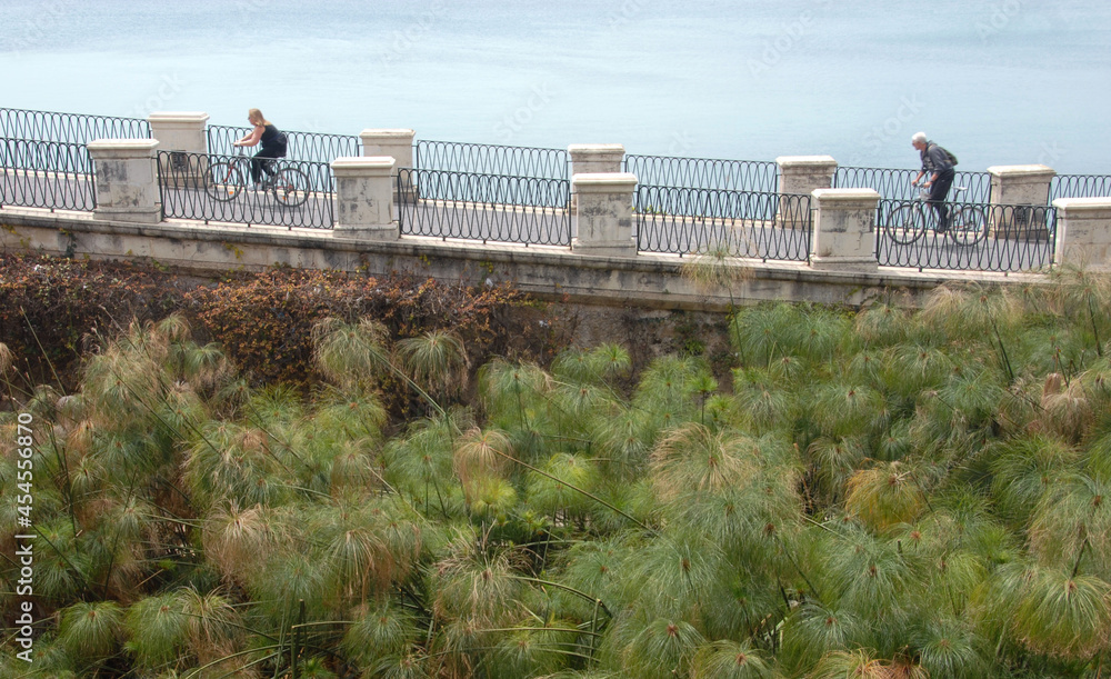 woman in a bicycle in Syracuse facing the sea and above the mythical Aretusa spring.