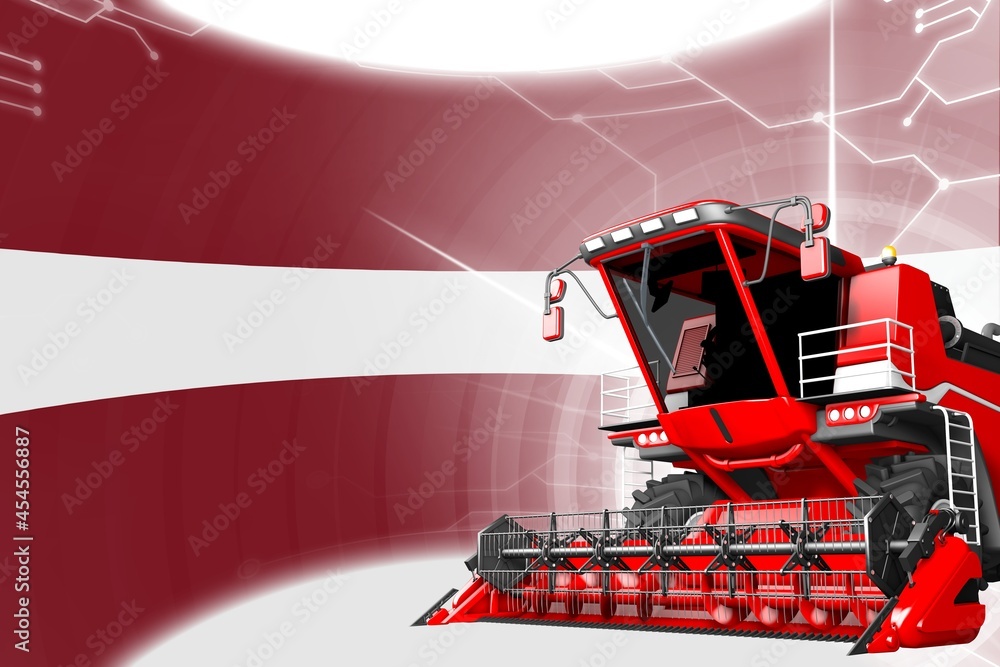 Digital industrial 3D illustration of red advanced grain combine harvester on Latvia flag - agriculture equipment innovation concept