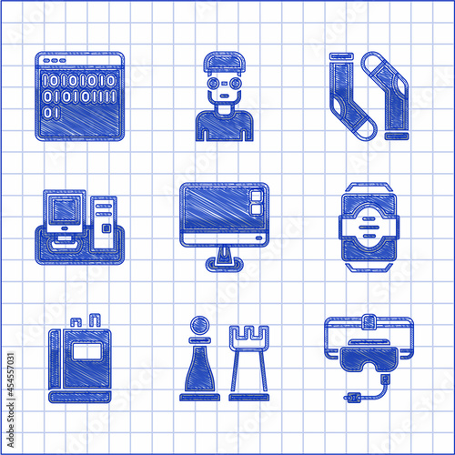 Set Computer monitor screen, Chess, Virtual reality glasses, Energy drink, Book, Monitor with keyboard, Socks and Binary code icon. Vector