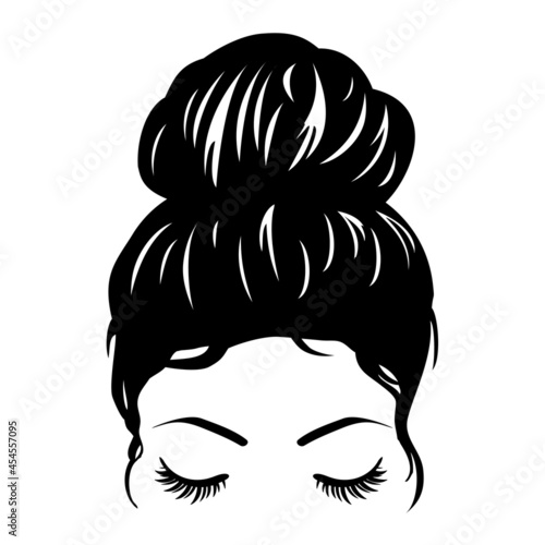 Messy bun hairstyle with lashes