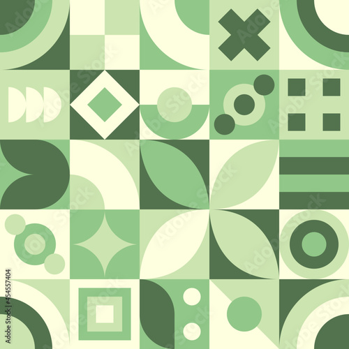 Vector Graphic of Neo Geo Design. Seamless Pattern with Unique Geometric Shapes. Green and White Color Theme. Good for Bed Sheet, Curtain, Tablecloth, Pillow Case, Blanket, Handkerchief, Textile, etc