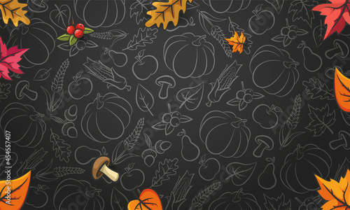 Autumn background. Blackboard. Falling leaves and mushrooms on balck textured background. Vector autumn pattern with acorns, berries, mushrooms and autumn leaves © Maxim Filitov