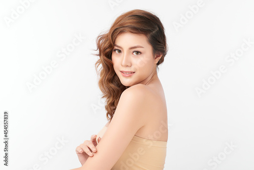 Beautiful young asian woman with clean fresh skin on white background, Face care, Facial treatment, Cosmetology, beauty and spa, Asian women portrait.