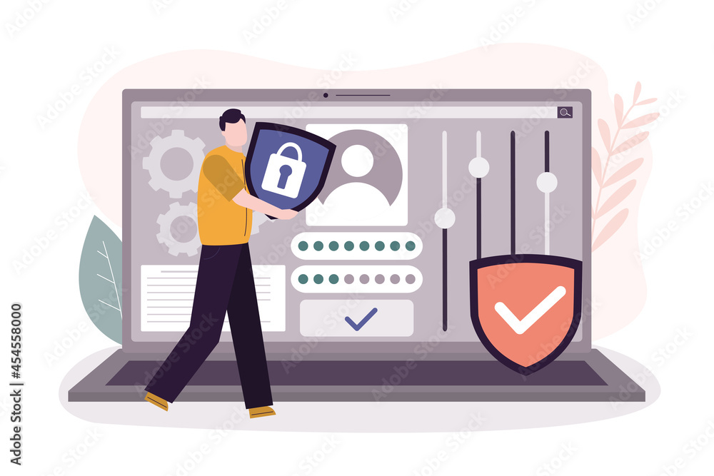 Secure Working Cartoon Cartoon man ensures safety data protection and secure sign-in . Profile ...