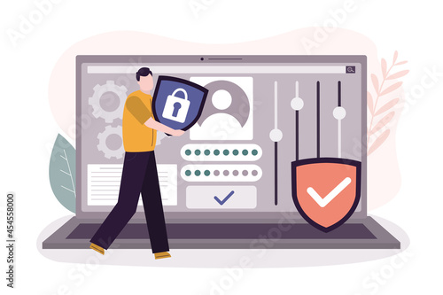 Cartoon man ensures safety data protection and secure sign-in . Profile and account protect on internet. User application on laptop screen